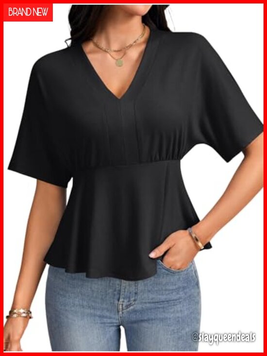 Tops - Ruffle V Neck Short Sleeve Ruched Tunic Blouse Top